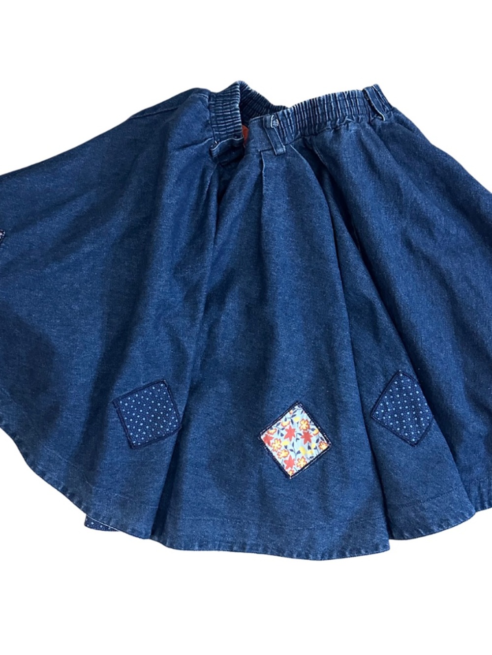 Denim A-Line Skirt with Navy and Floral Patch Accents